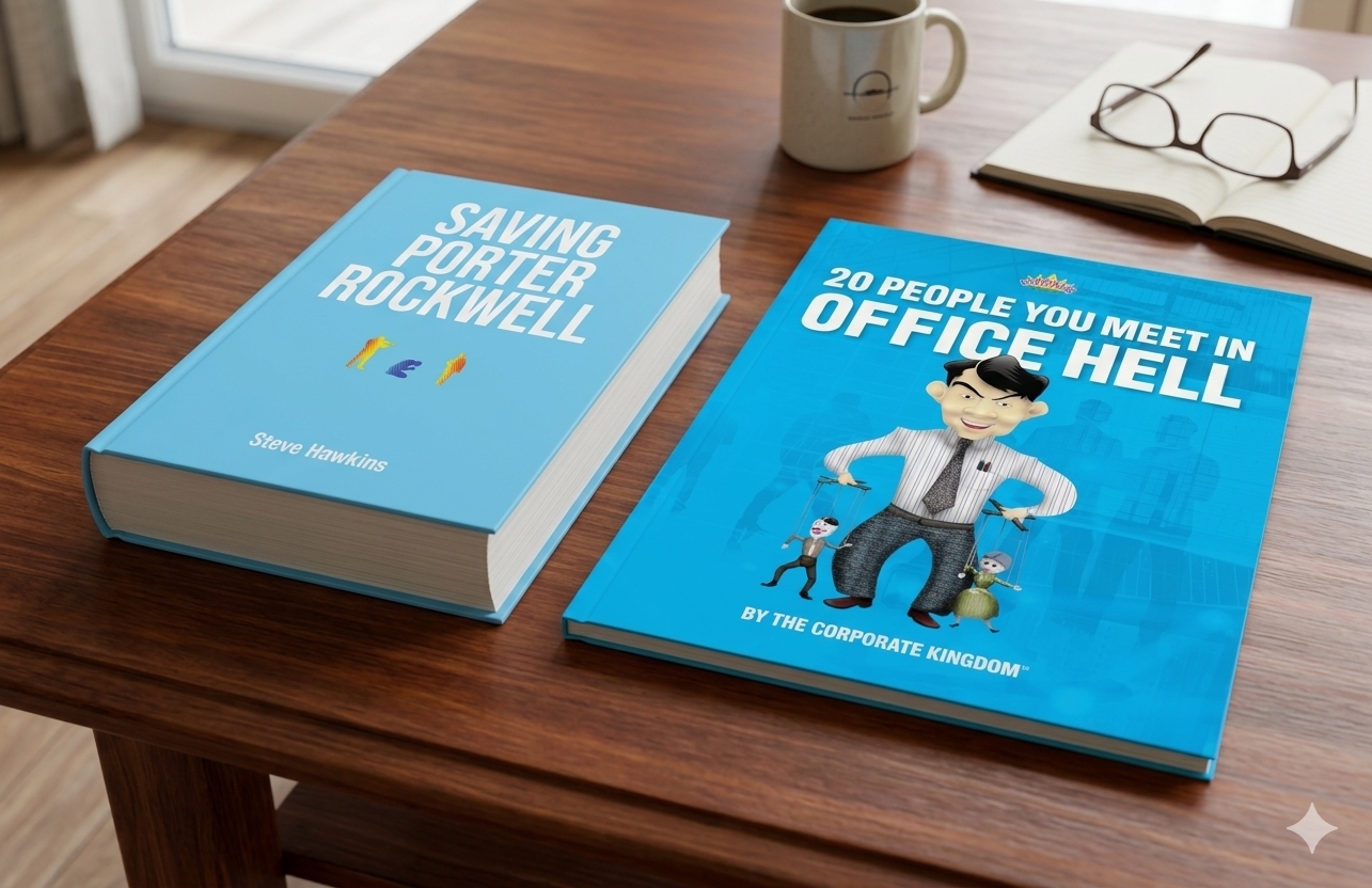 Image of 2 books by Steve Hawkins, Saving Porter Rockwell and 20 People You Meet in Office Hell